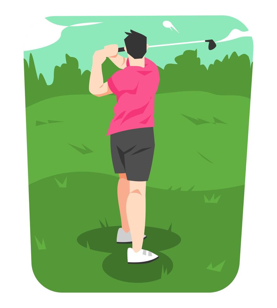 vista posterior ilustración de un hombre maduro jugando al golf en un campo de golf. lleno de hierba verde, árboles y nubes. el concepto de deportes, vacaciones, refrescantes, pasatiempos. vector plano