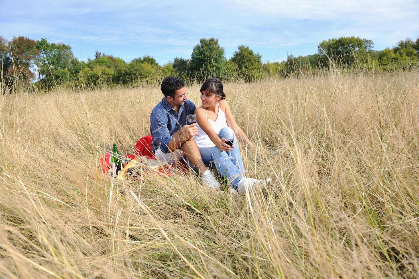 happy couple enjoying countryside picnic in long grass photo