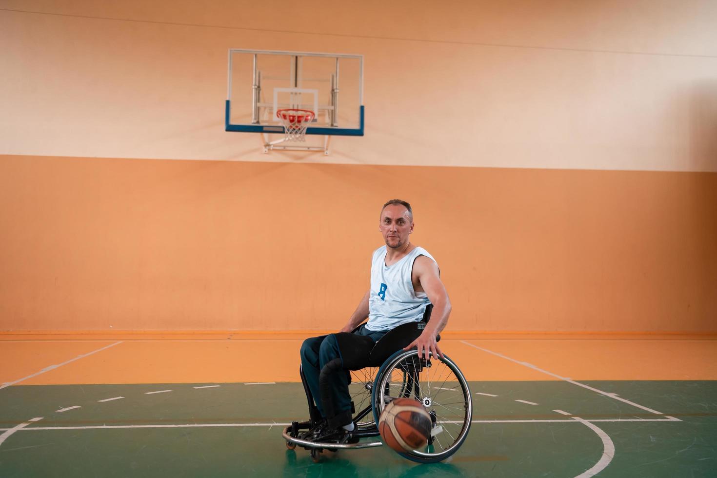 a photo of a war veteran playing basketball in a modern sports arena. The concept of sport for people with disabilities