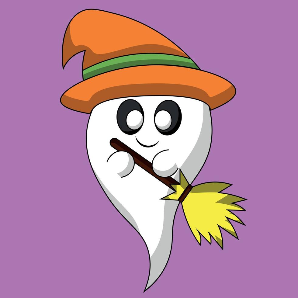 Cute Ghost with watch hat and broom. Draw illustration in color vector