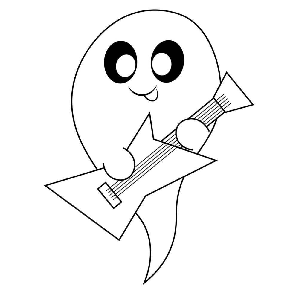 Cute Ghost with electric guitar. Draw illustration in black and white vector