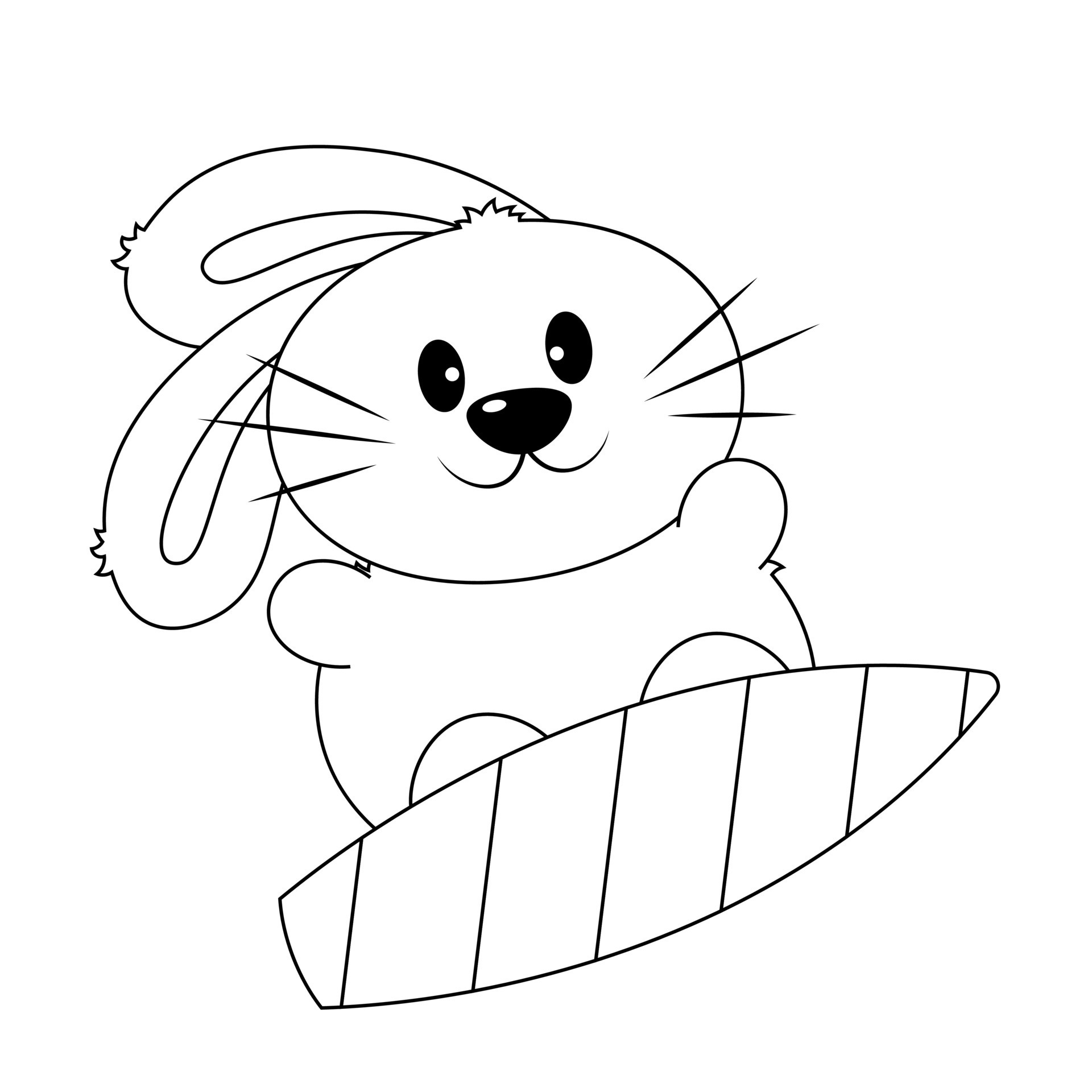 Cute Rabbit on the surfboard. Draw illustration in black and white