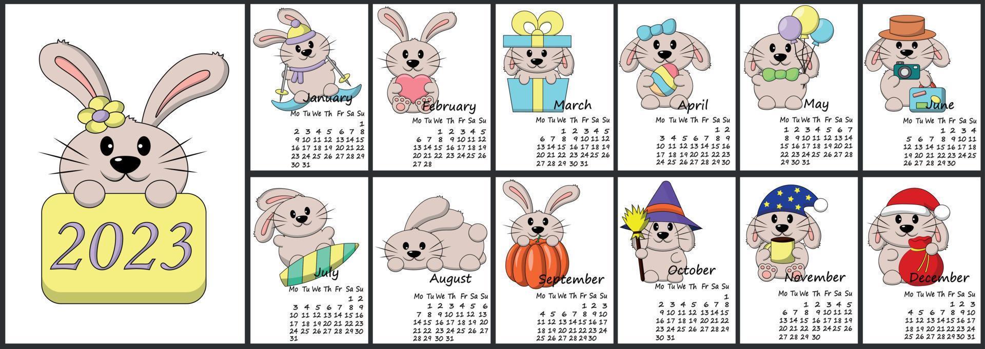 Calendar for 2023 with cute cartoon characters rabbits. vector