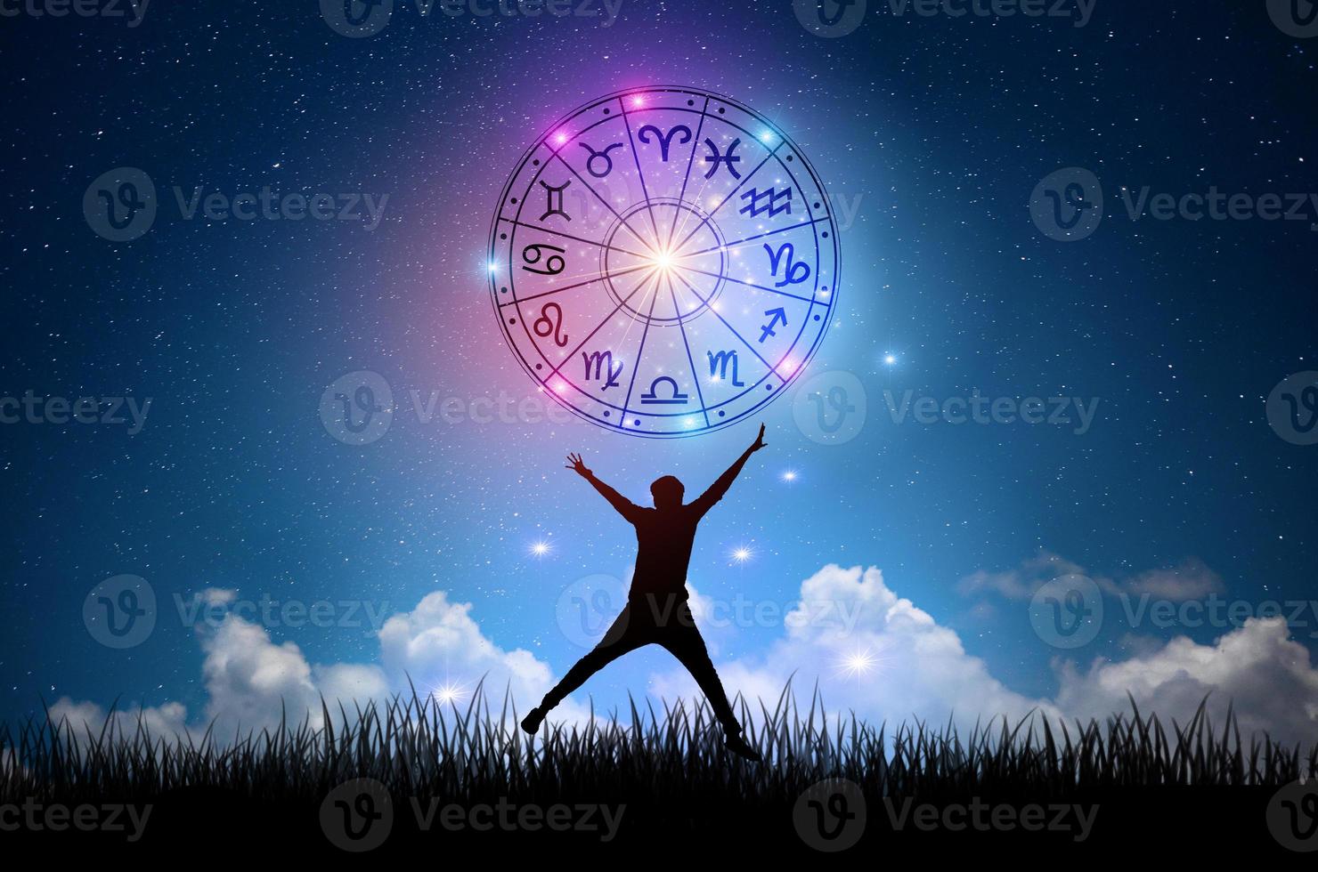 Zodiac signs inside of horoscope circle. Astrology in the sky with many stars and moons  astrology and horoscopes concept photo