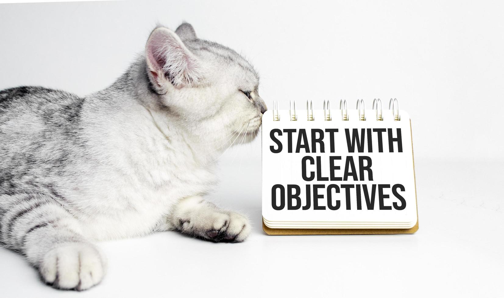 Business concept. Notebook with text START WITH CLEAR OBJECTIVES sheet of white paper and grey cat photo