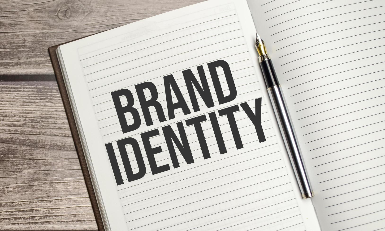 brand identity concept words on notepad and calculator and wooden background photo