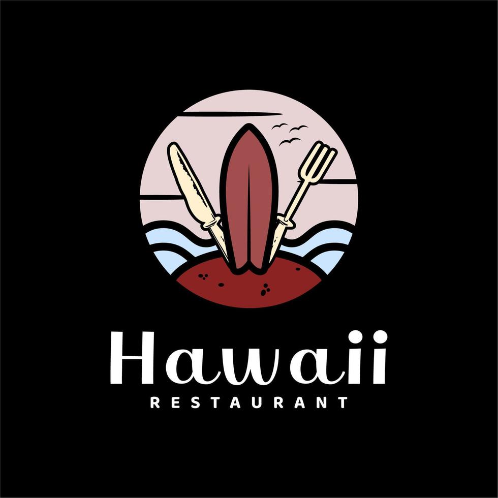tabla de surf, tenedor, cuchillo para el logo del restaurante de playa. diseño de vector de ilustración de restaurante de vacaciones