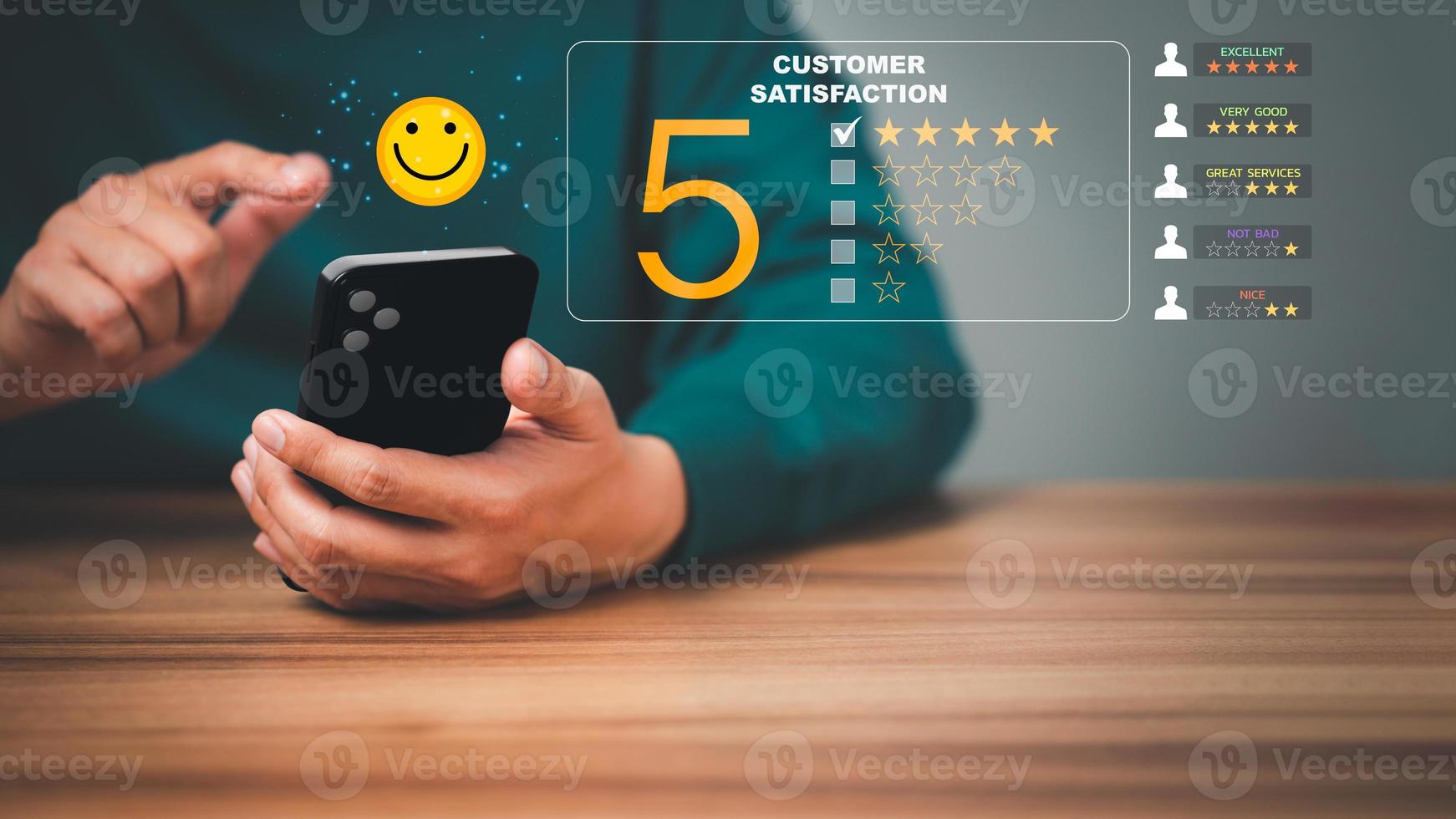 Man using a mobile phone in give rating to service experience on application. Online customer review satisfaction feedback survey. photo