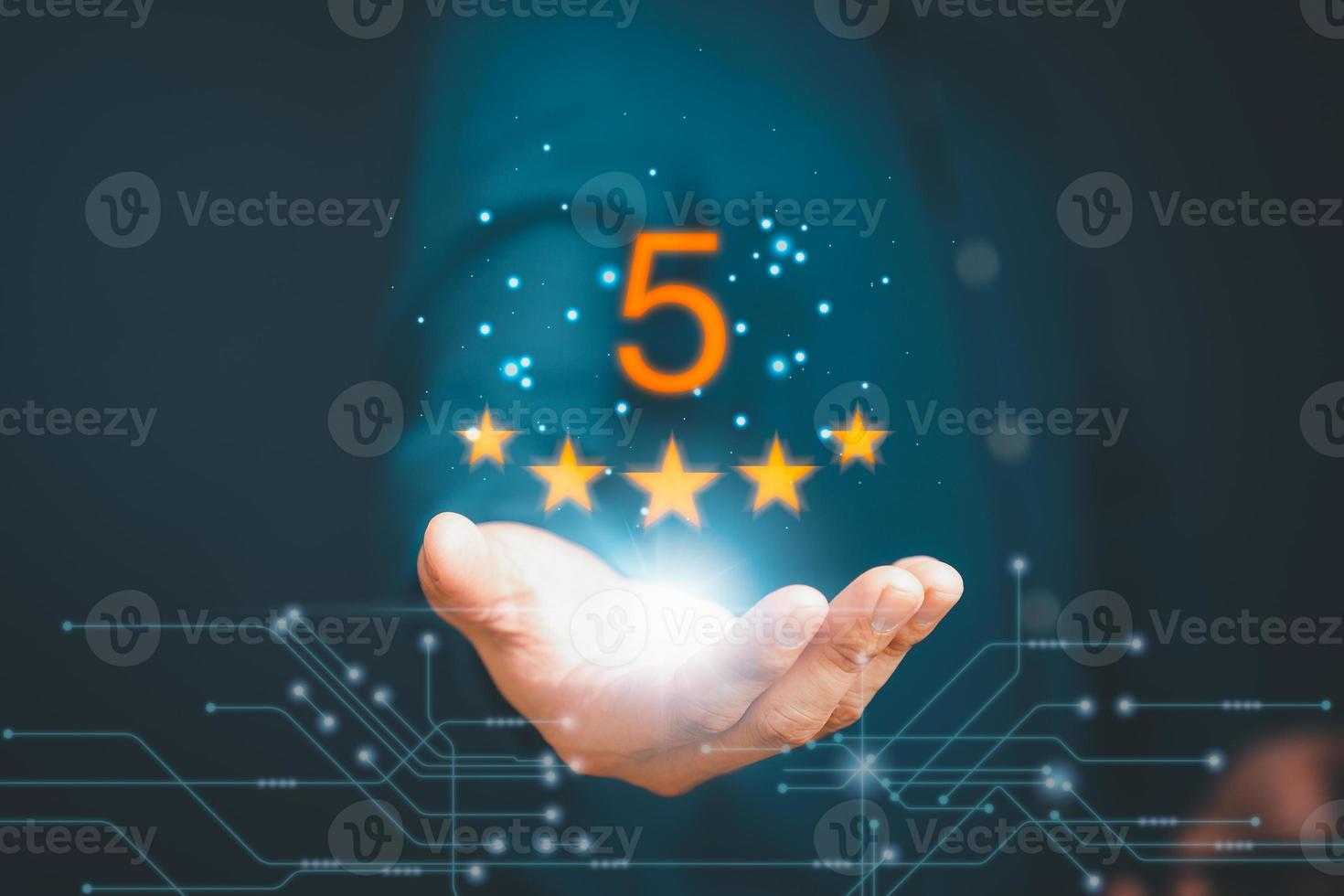 Guy giving positive review for client's satisfaction surveys. giving a five star rating. Service rating, Customer evaluation feedback, satisfaction concept. photo