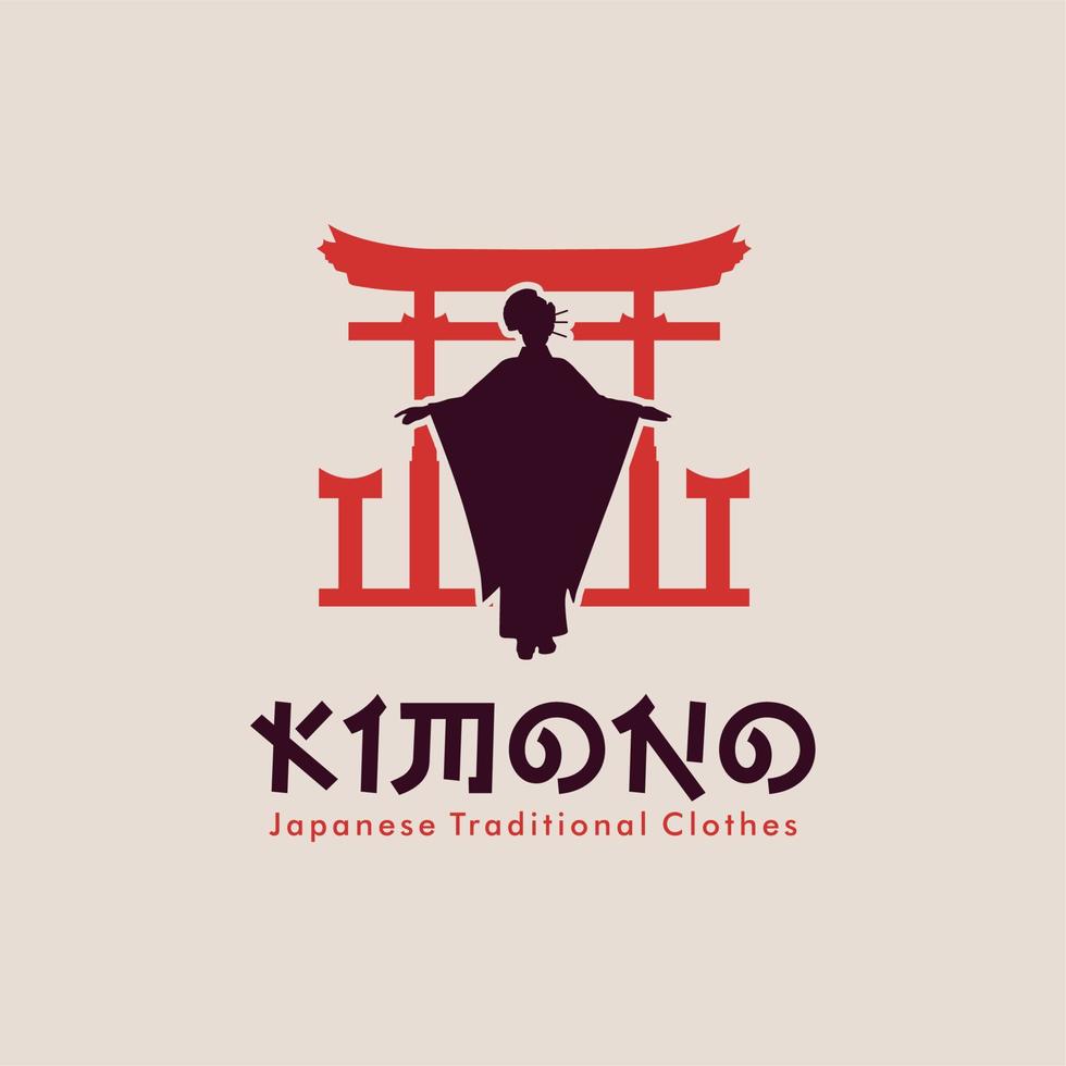 Kimono Girl Silhouette With Japanese Gate Background For Japanese Fashion Historical Logo Vector Design