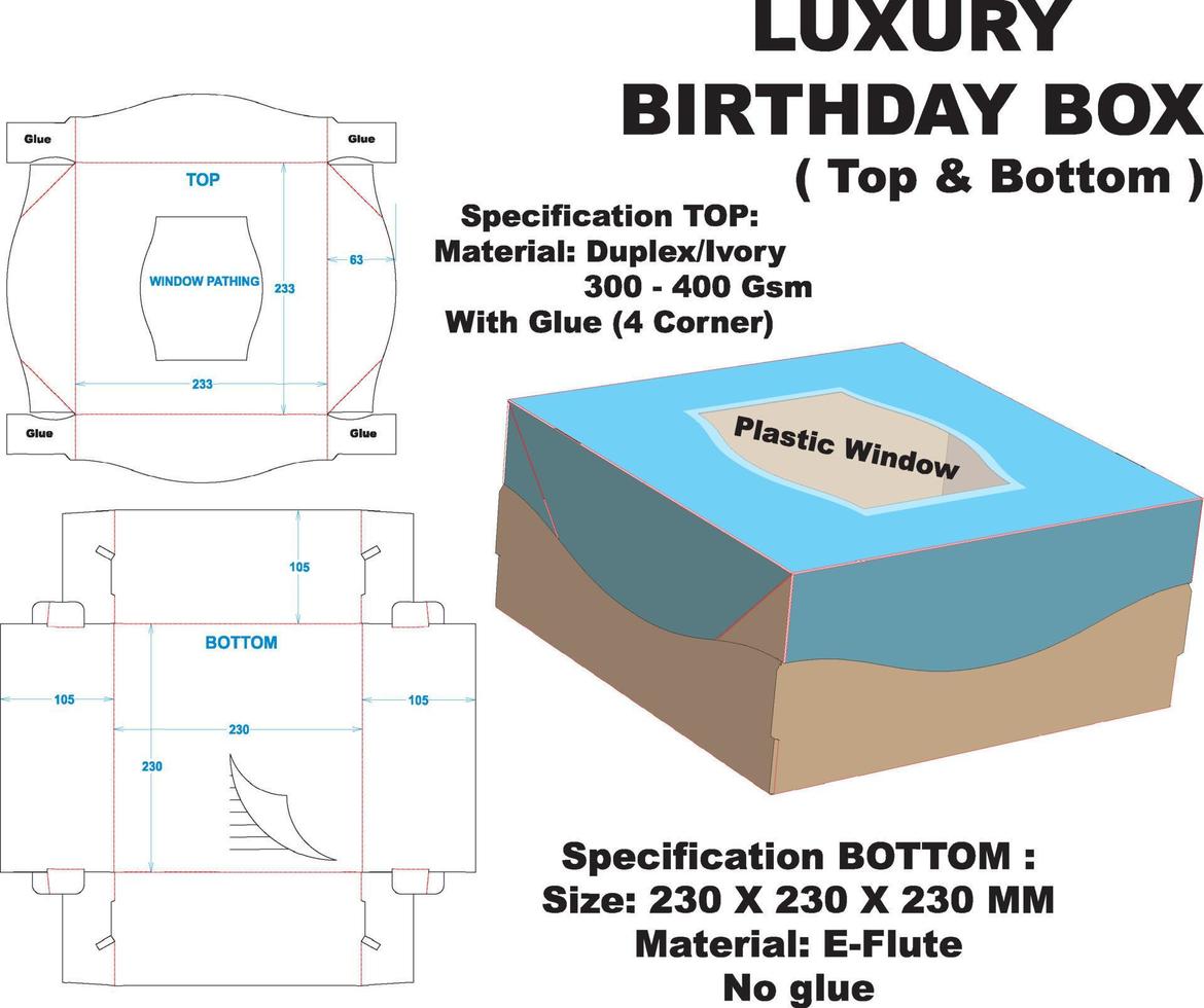 elegante caja de tarta de cumpleaños. la caja inferior está hecha con cerradura que es fácil de armar y fácil de abrir al tomar el pastel. feliz cumpleaños vector