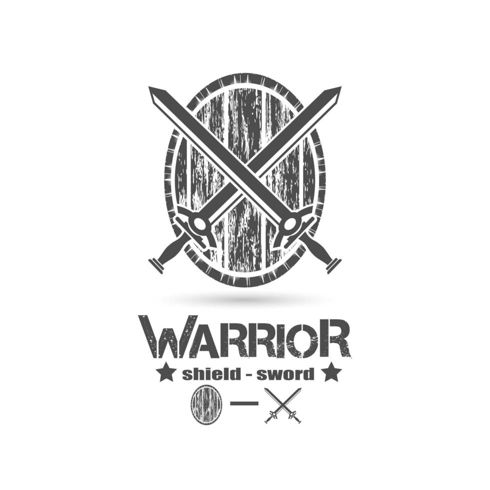 escudo de estilo grunge e icono de espada cruzada, logotipo del emblema del guerrero, vector de ilustración de silueta