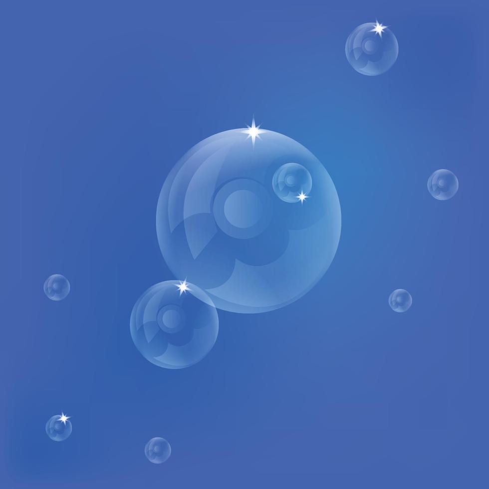 Transparent vector soap bubble flies on a blue background