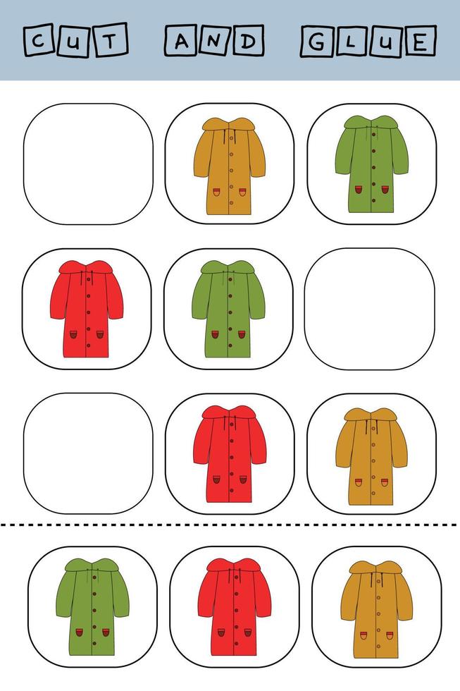 Educational activity, riddle for preschool kids.  Cut ang glue peace of raincoat vector