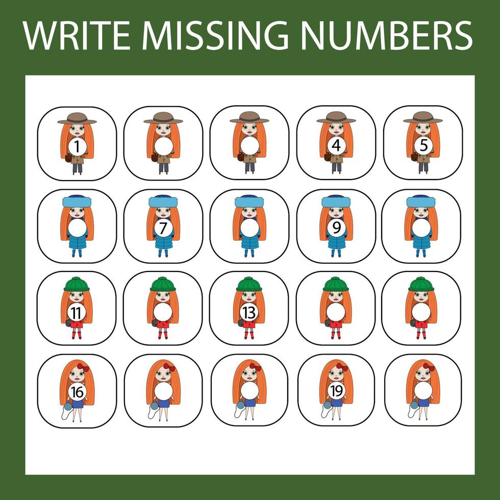 The task is to write in the lost numbers from 1 to 20. Educational exercises for preschool children vector