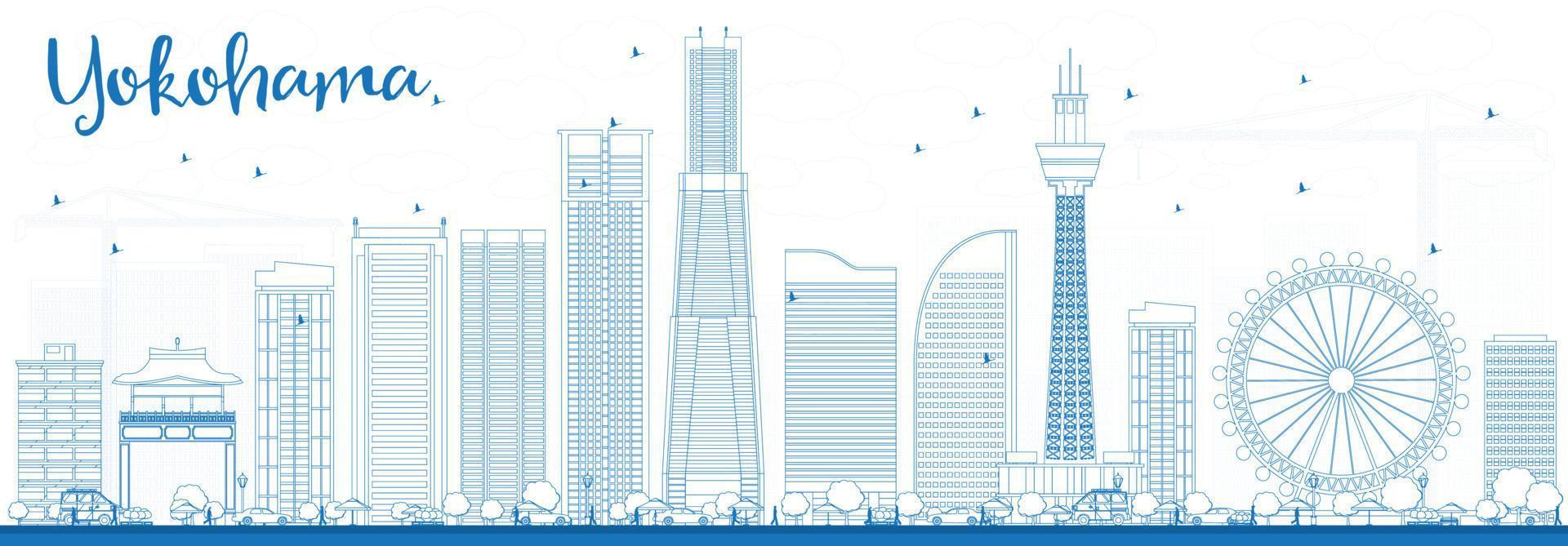 Outline Yokohama Skyline with Blue Buildings. vector