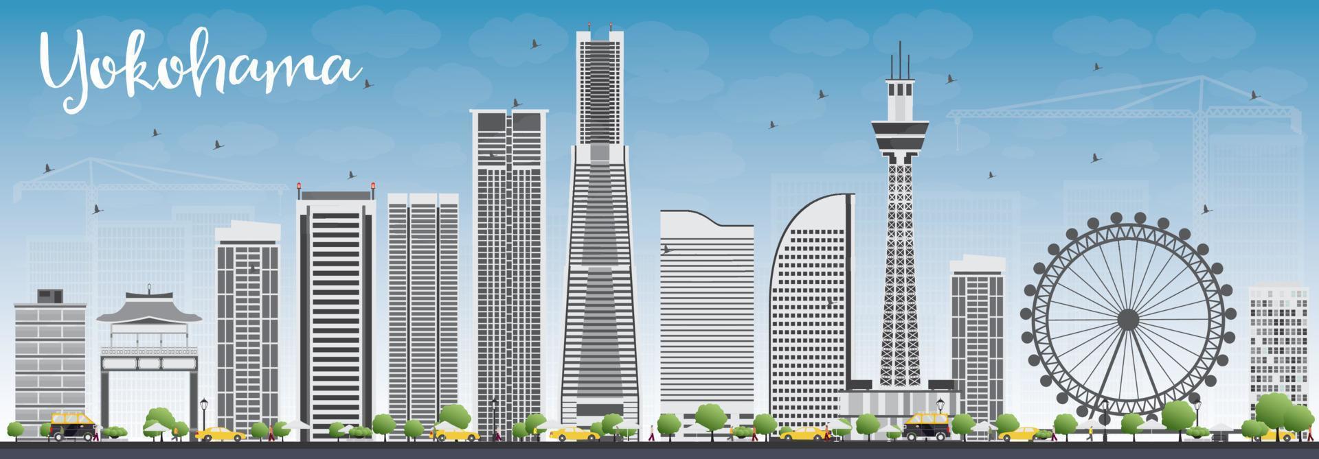 Yokohama Skyline with Gray Buildings and Blue Sky. vector