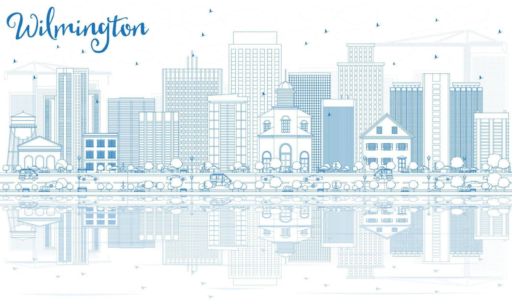 Outline Wilmington Skyline with Blue Buildings and Reflections. vector