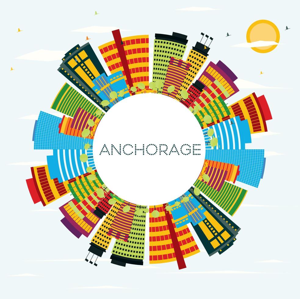 Anchorage Skyline with Color Buildings, Blue Sky and Copy Space. vector