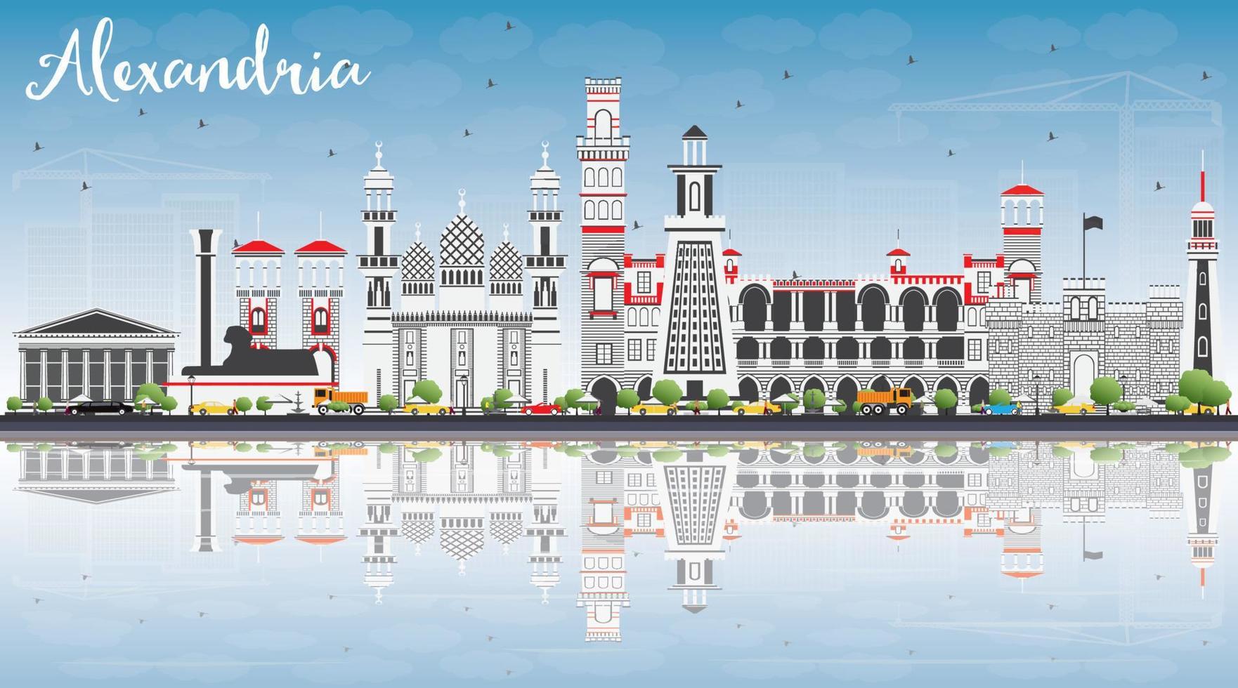 Alexandria Skyline with Gray Buildings, Blue Sky and Reflections. vector