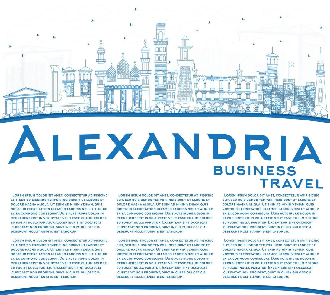 Outline Alexandria Skyline with Blue Buildings and Copy Space. vector