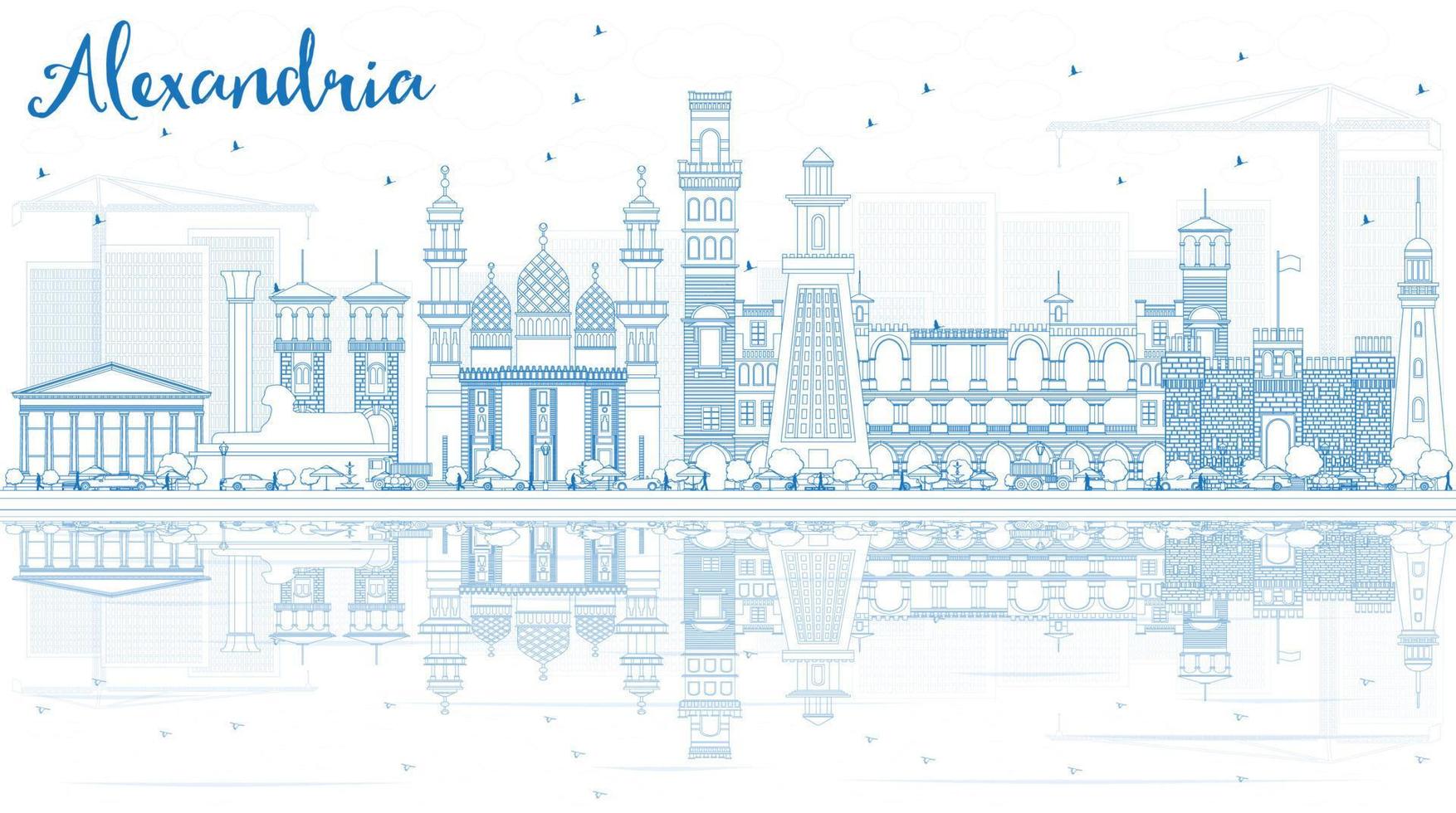 Outline Alexandria Skyline with Blue Buildings and Reflections. vector