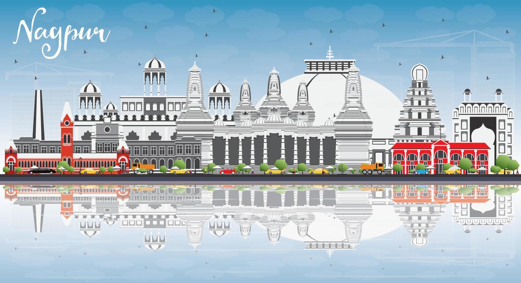 horizonte de nagpur con edificios grises, cielo azul y reflejos. vector