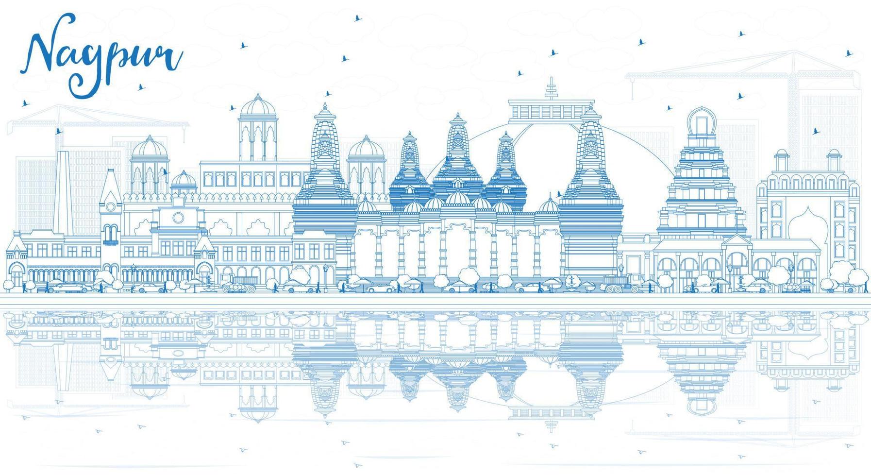Outline Nagpur Skyline with Blue Buildings and Reflections. vector