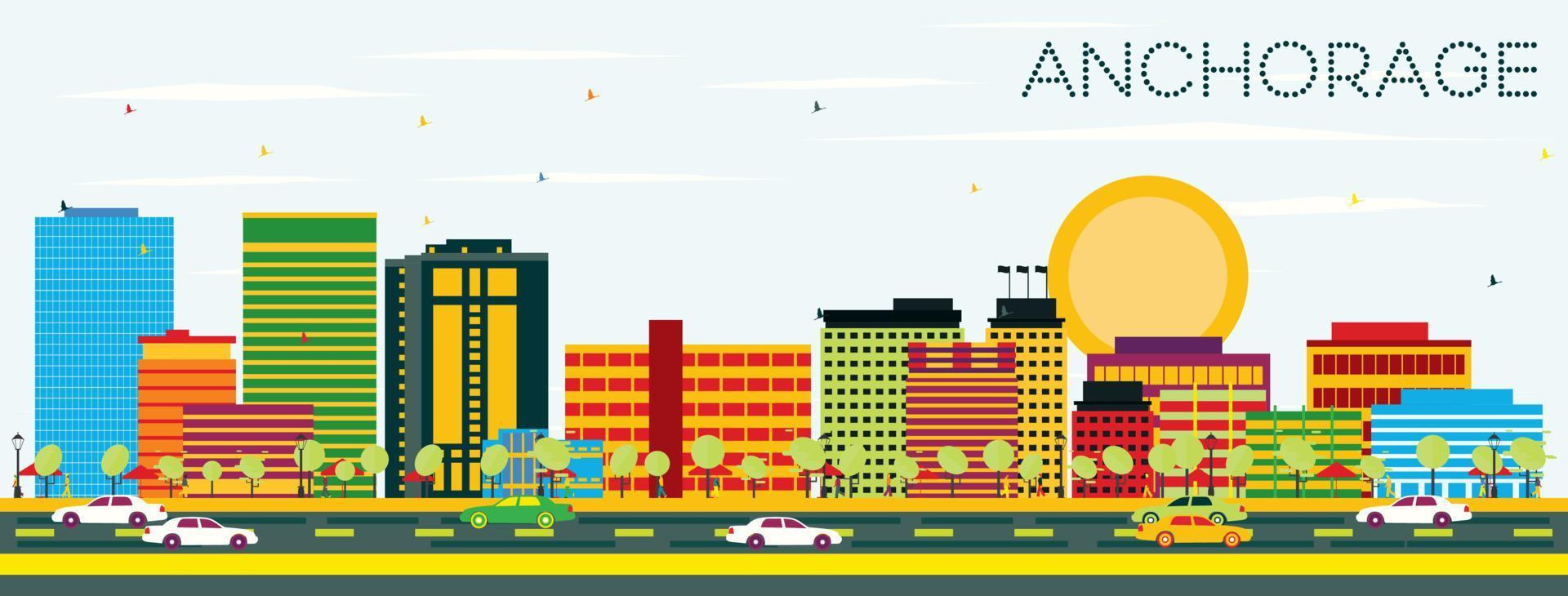Anchorage Skyline with Color Buildings and Blue Sky. vector