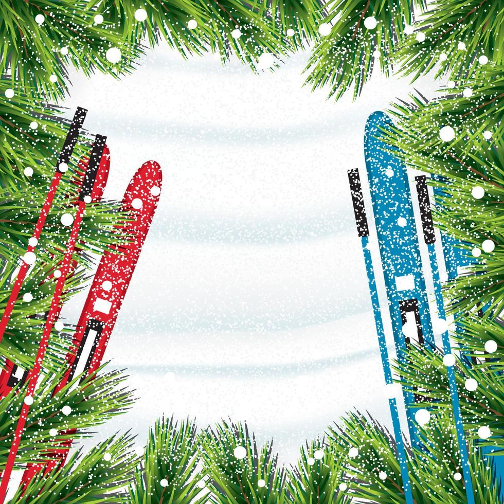 Christmas background with fir branches, snow and skiing. vector