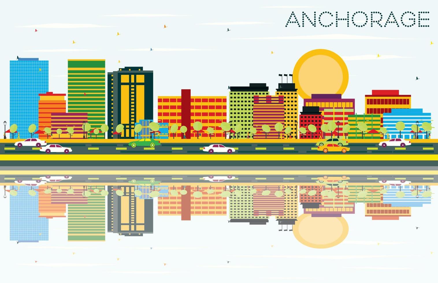 Anchorage Skyline with Color Buildings, Blue Sky and Reflections. vector