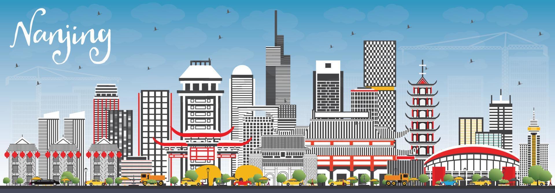 Nanjing China Skyline with Gray Buildings and Blue Sky. vector