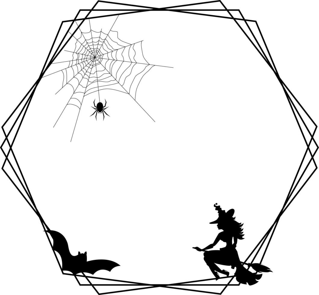 Hexagonal frame. In the frame, a spider on a web, a bat and a witch on a broomstick is a Halloween theme. vector