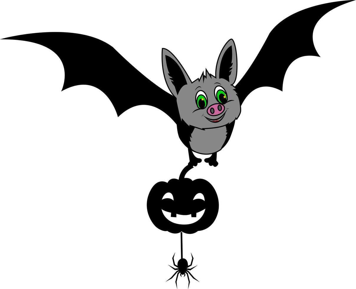 A cute bat flying with a cheerful pumpkin and a spider on a web. Halloween scene. vector