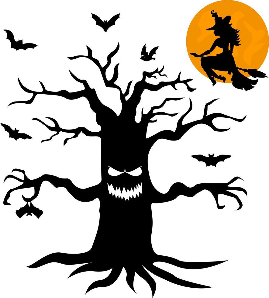 Big tree with eyes, mouth. Full moon and bats. Witch on a broom. Halloween. Black silhouette. vector