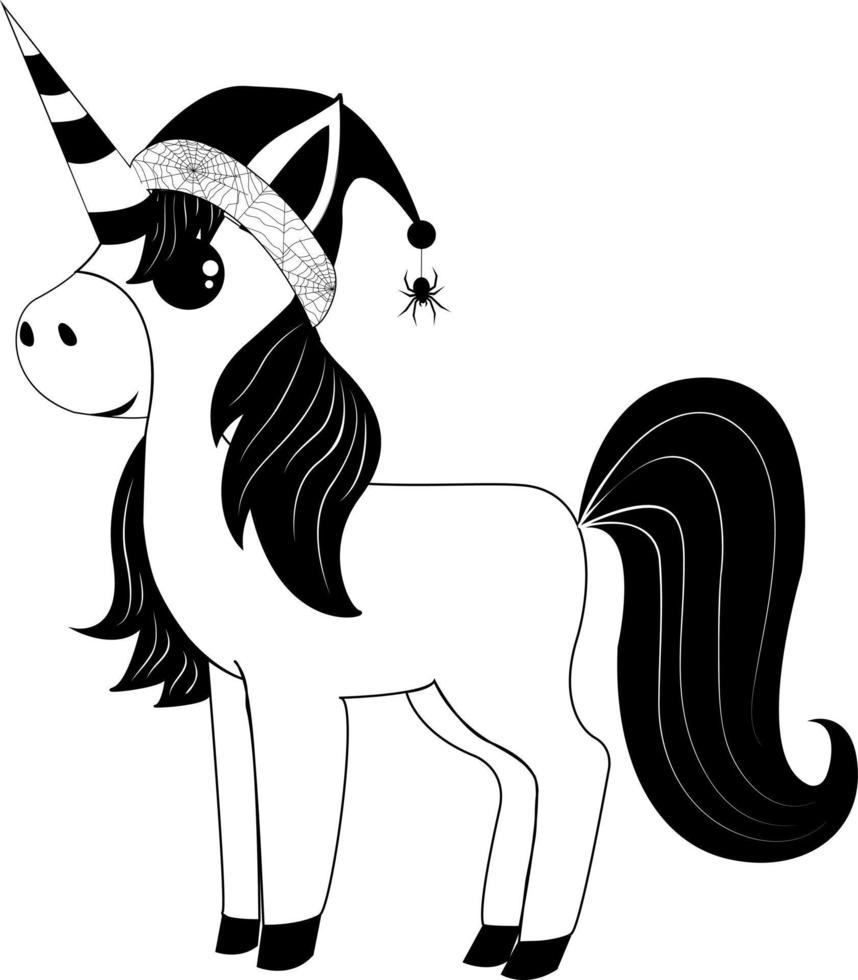 Unicorn in a hat with a spider Halloween theme. For your design. vector