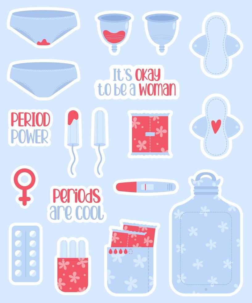 Sticker set of female hygiene product items. Menstrual period. vector