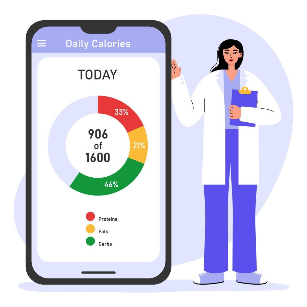 Female nutritionist or dietitian doctor holding clipboard. Smartphone with health monitoring, nutrition chart control. Healthcare and weight loss concept. vector