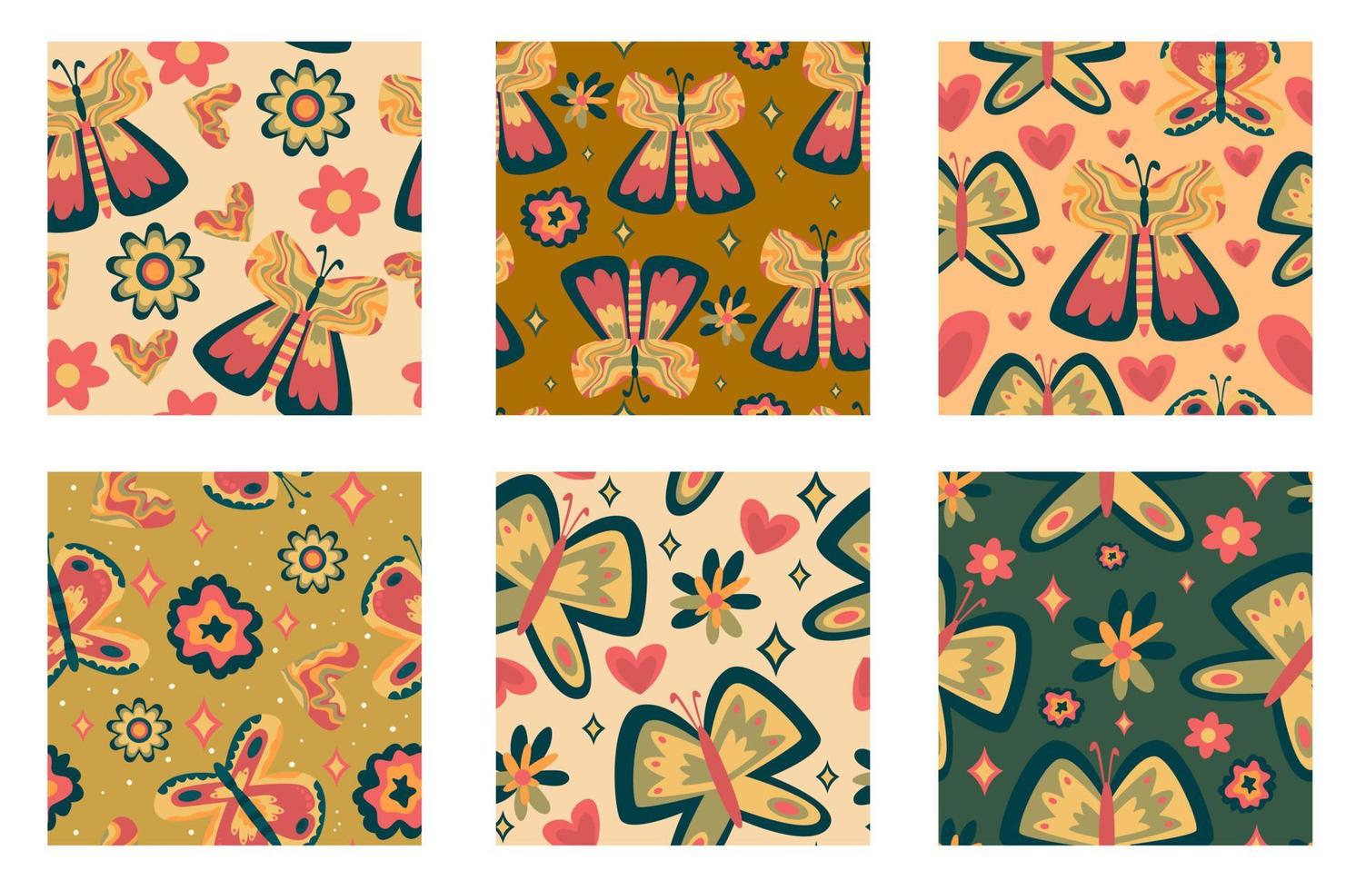 Retro butterfly groovy seamless pattern set. Boho vector background. Hippie psychedelic seamless pattern. Retro groovy background. Design with daisy flower and heart.