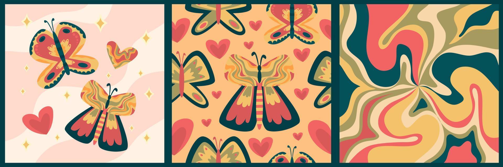 Retro boho poster set with butterfly hippie. Vintage 70s background. Hippie print illustration. Rainbow 60s, 70s, groovy vector