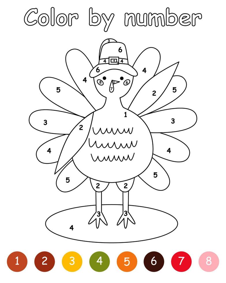 Color by number game for kids. Pilgrim Turkey Thanksgiving. Bird animal character wearing a pilgrims hat. Printable worksheet with solution for school and preschool. Learning numbers activity. vector
