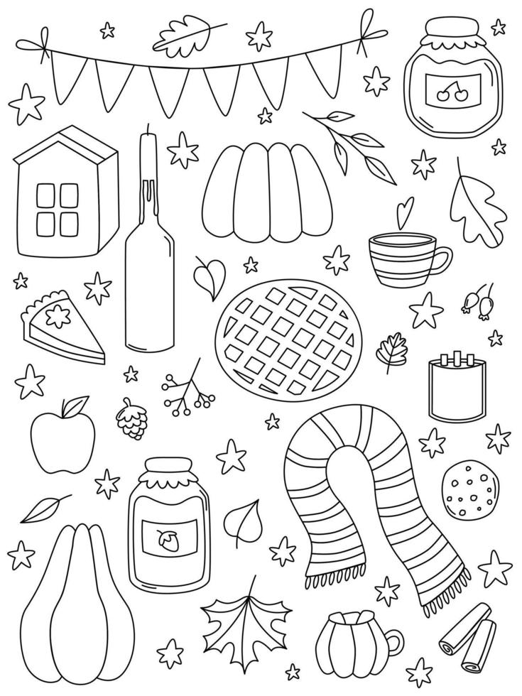 Hand drawn outline autumn sketch. Doodle set elements. Fall coloring book. Cozy warm cottegecore. Vector cartoon illustration.