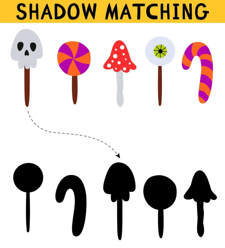 Cute halloween sweets shadow matching activity for children. Simple educational game for kids with leaves. Find the correct silhouette printable worksheet. Vector cartoon illustration.