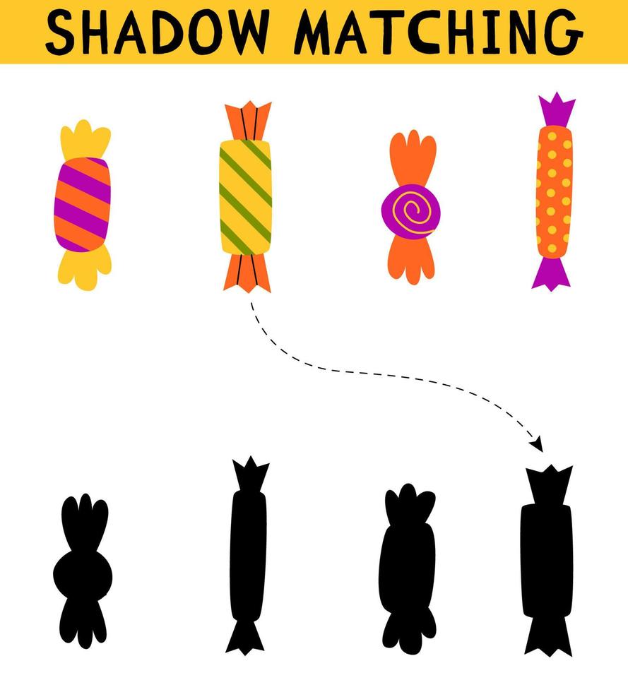 Cute halloween sweets candy shadow matching activity for children. Simple educational game for kids with leaves. Find the correct silhouette printable worksheet. Vector cartoon illustration.