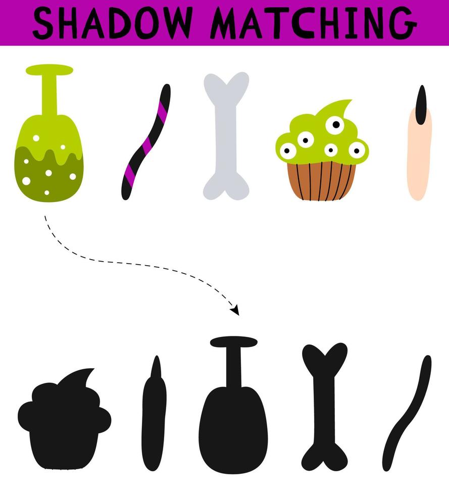 Cute halloween sweets shadow matching activity for children. Simple educational game for kids with leaves. Find the correct silhouette printable worksheet. Vector cartoon illustration.