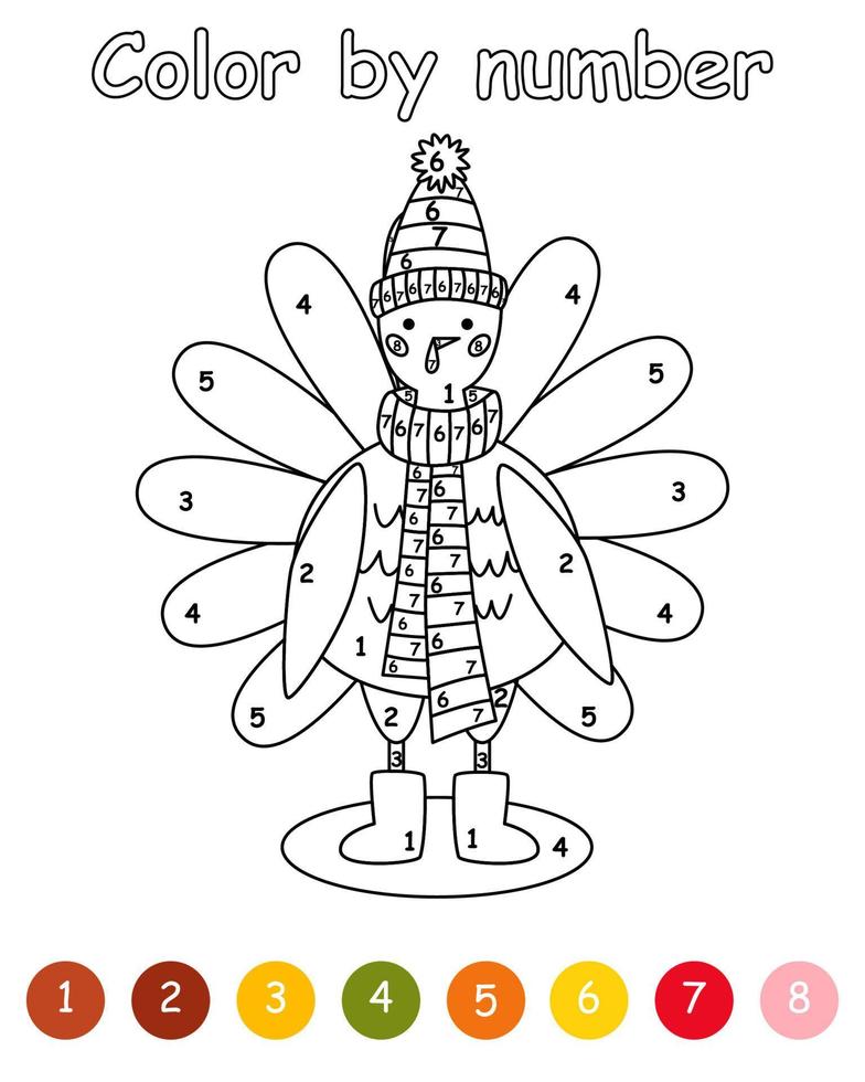 color por juego de números para niños. acción de gracias del pavo peregrino. personaje animal pájaro en un sombrero, una bufanda y ugg. hoja de trabajo imprimible con solución para escuela y preescolar. actividad de aprendizaje de números. vector