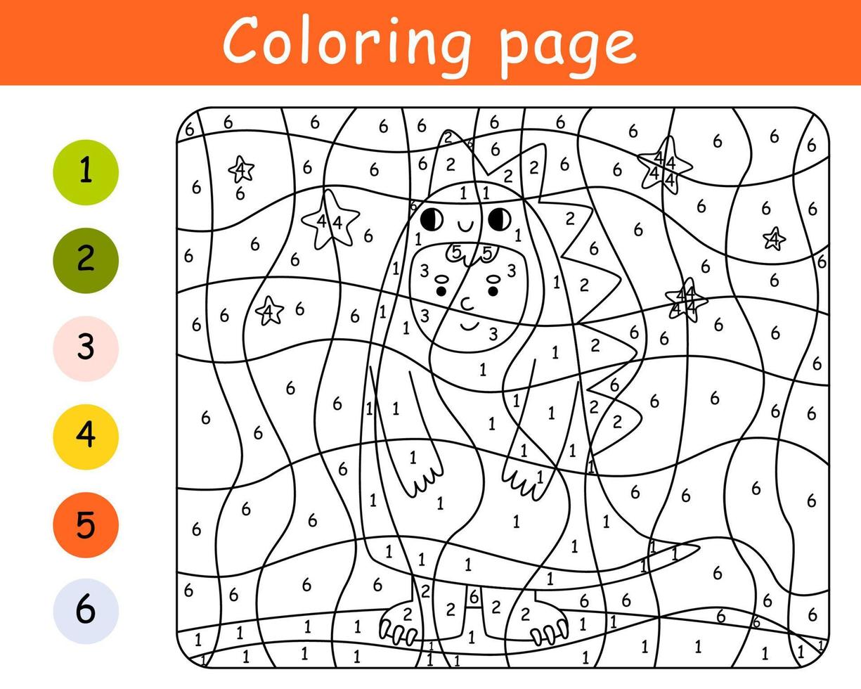 Color by number game for kids. Child in costume dinosaur. Halloween party. Printable worksheet. Coloring page. Vector cartoon illustration.