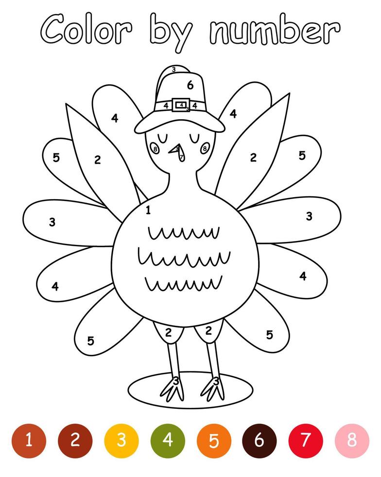 Color by number game for kids. Pilgrim Turkey Thanksgiving. Bird animal character wearing a pilgrims hat. Printable worksheet with solution for school and preschool. Learning numbers activity. vector