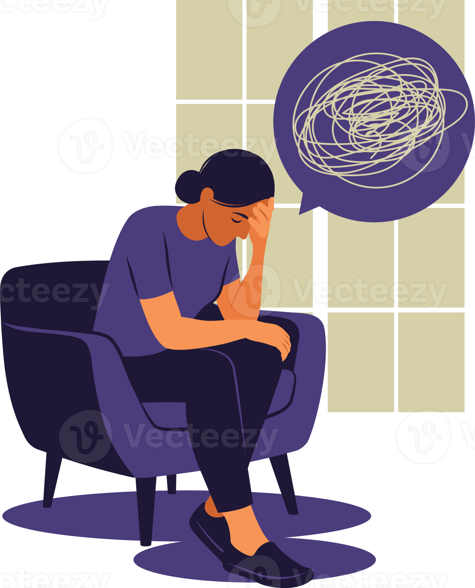 Woman in depression with bewildered thoughts in her mind. Young sad