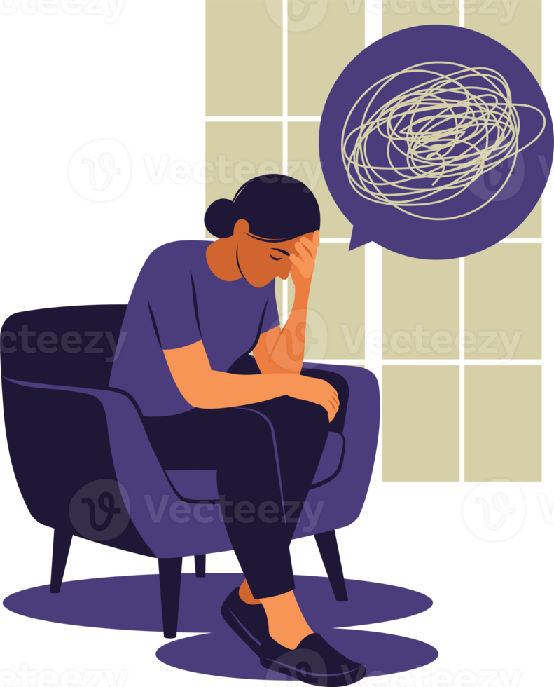 vrouw in depressie met verbijsterd gedachten in haar verstand. jong verdrietig meisje zittend Bij fauteuil. png